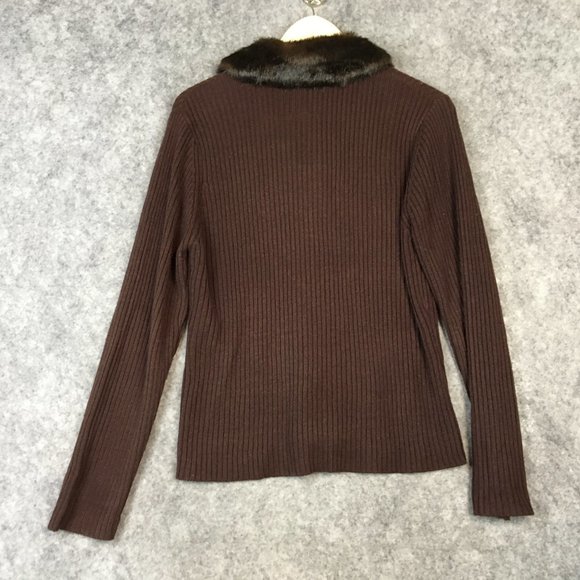 Vintage Sweater Jacket L 12 14 Brown Ribbed Knit Slim Fit Faux Fur Collar Casual - Picture 9 of 10